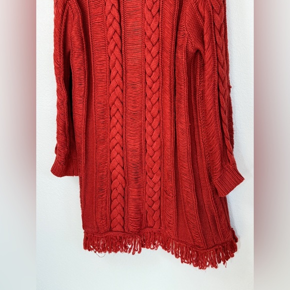 4SI3NNA Red/Orange Fringed Chunky Cable Knit Cardigan Sweater Medium - Picture 9 of 11